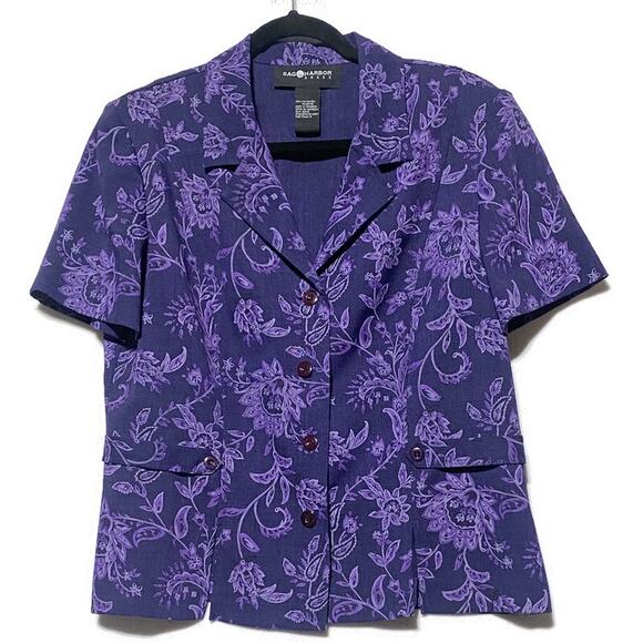 Sag Harbor Top Women's Size 14 Purple Button Up Polyester Short Sleeve - Picture 1 of 6